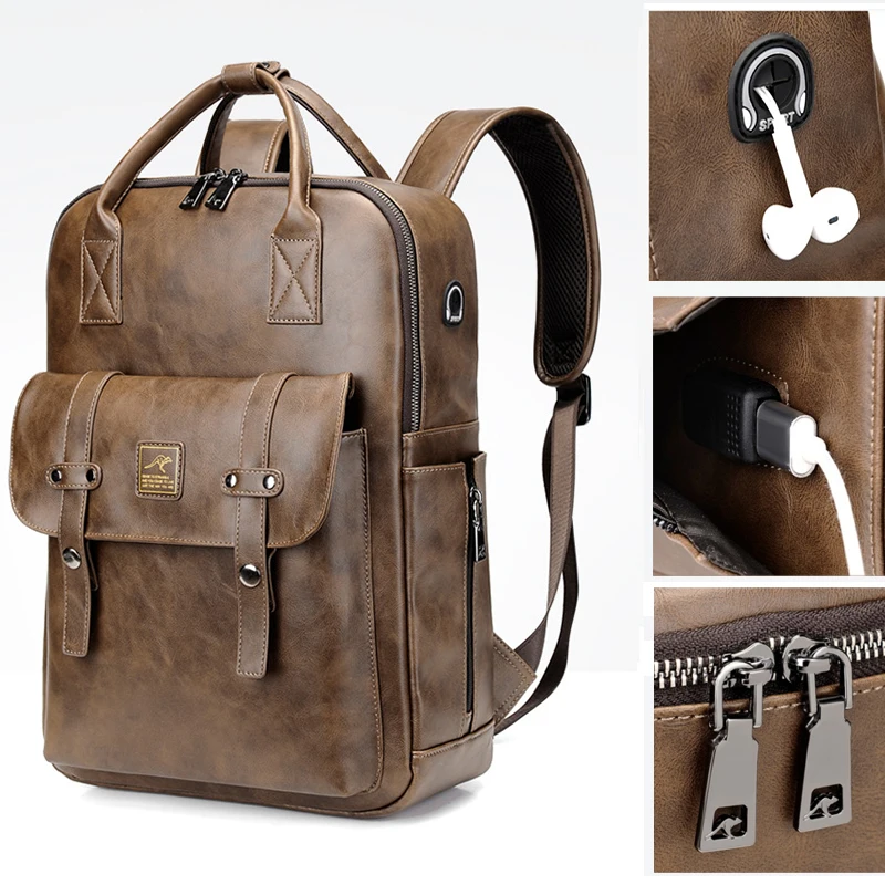 

Men 15.6 Inch Notebook Laptop Backpack USB PU Leather Bag Waterproof School Bag Multifunction Travel Pack for Male Women Female
