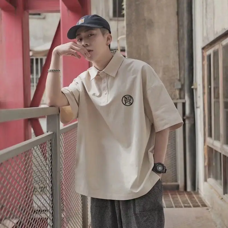 

Khaki contrasting lapel vintage polo shirt men short sleeve summer ins fashion brand style loose collared half sleeved T-shirt