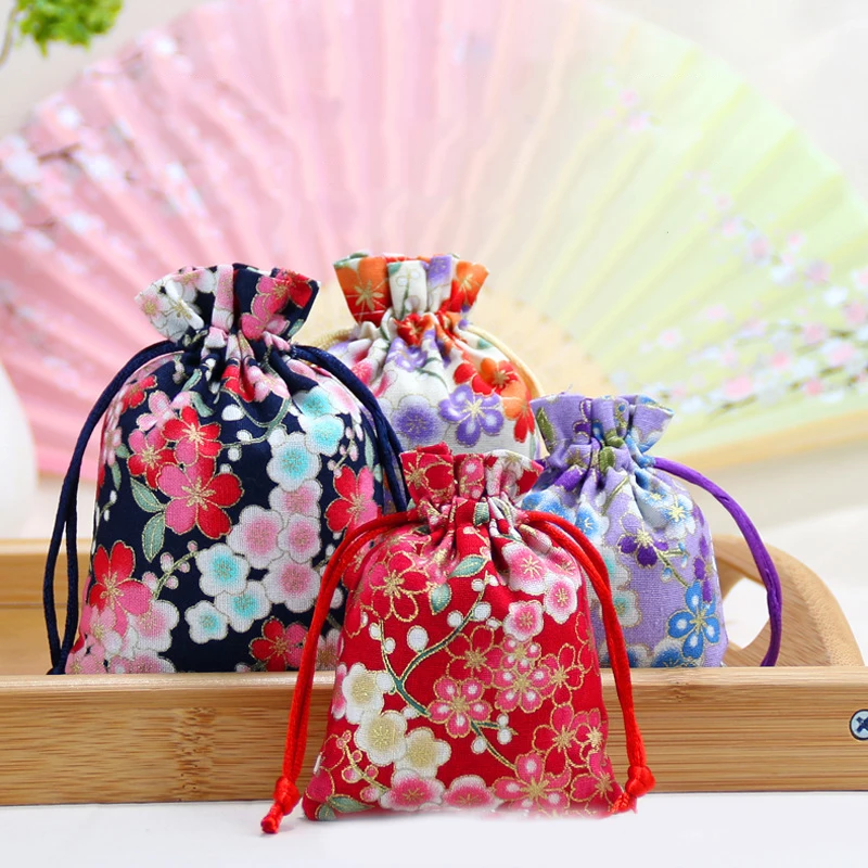 

1Pc Reusable Jewelry Drawstring Bag Flower Printing Retro Necklace Bracelet Travel Cosmetic Dormitory Storage Xmas Gift Bag