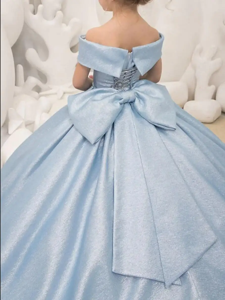 Light Blue Flower Girl Dresses Simple Bow Elegant Princess Satin Ball Gown For Kids Birthday Party First Communion Dress flower girl dresses,floral appliqu&eacute; dress,girls dresses