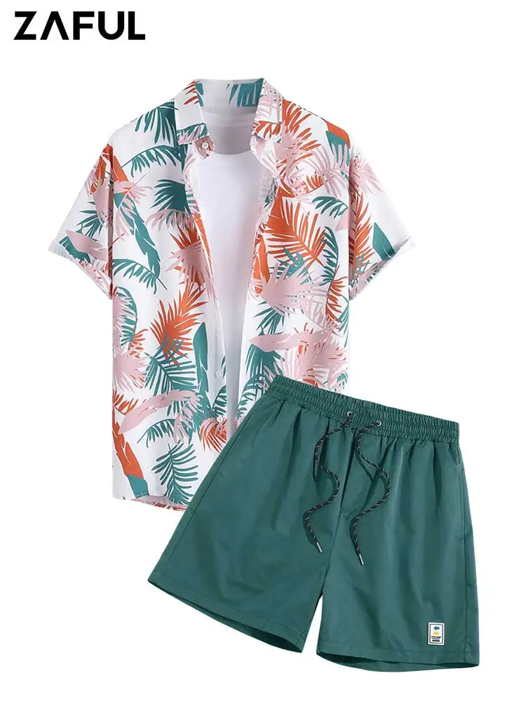 

ZAFUL Hawaiian Two Pieces Set for Men Tropical Palm Printed Vacation Short Sleeves Shirt with Drawstring Shorts Set Z5097767