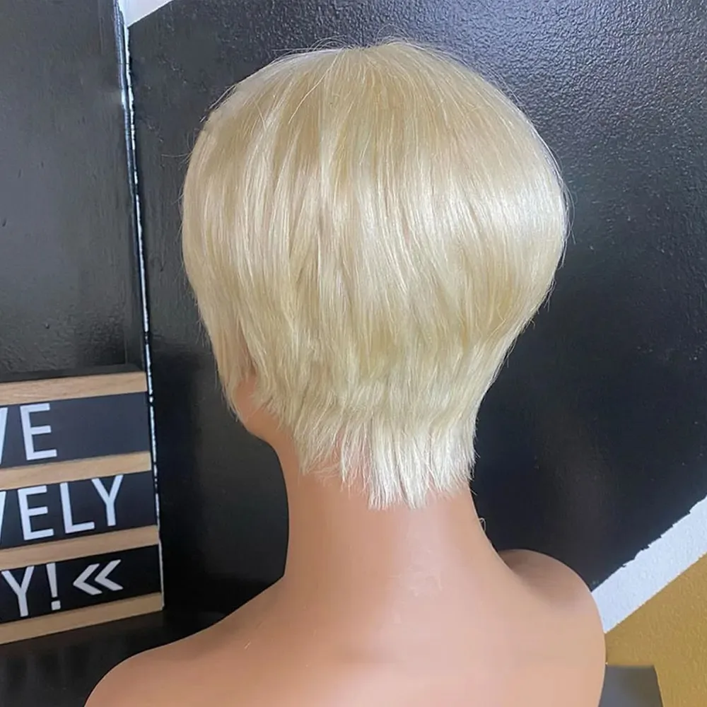 613 블론드 숏 픽시컷 가발 인모 브라질리언 100% 인모 풀머신 가발 글루리스 픽시 가발 앞머리 포함 여성용