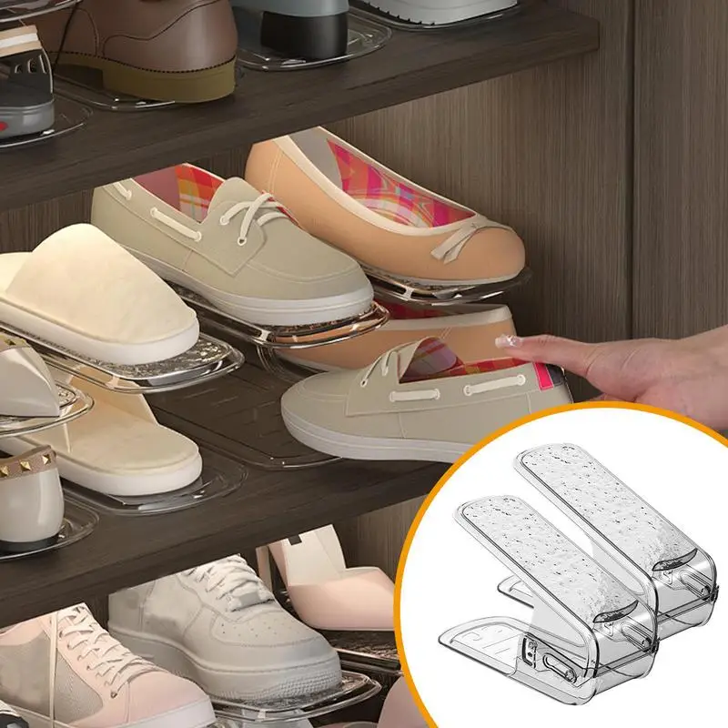 Adjustable Shoe Stacker 2pcs Adjustable Double Layer Stack Shoe Holder Transparent Thickening Stackable 3 Different Height Space 2