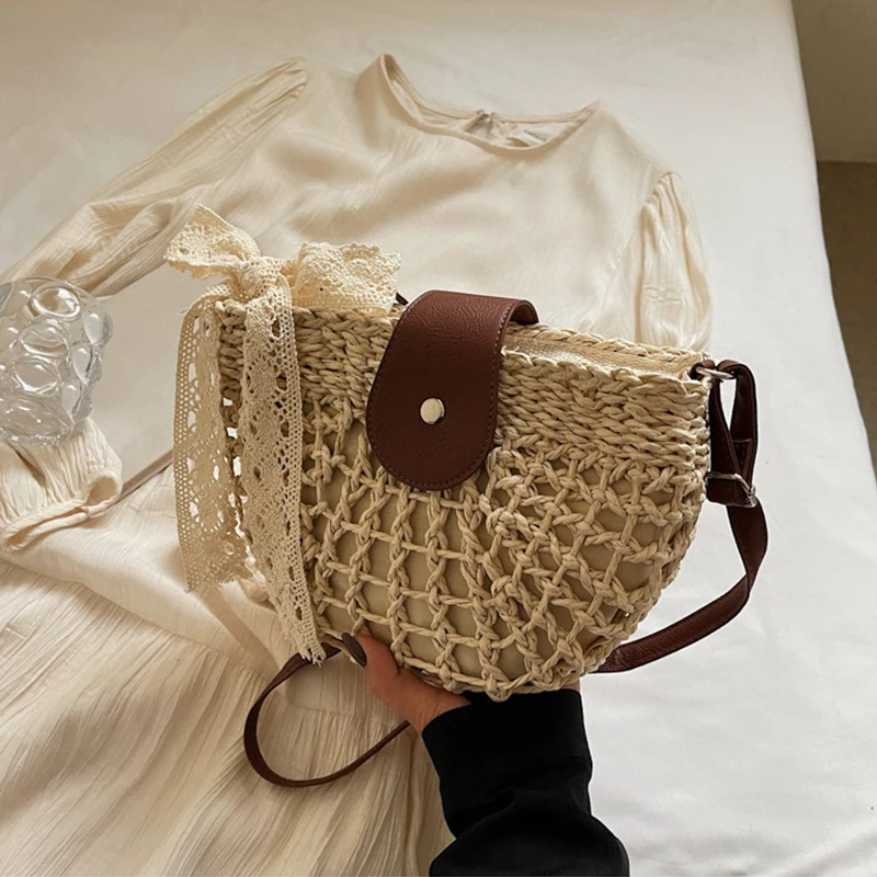 Ladies Hollow Woven Handbag with Adjustable Strap Semicircle Straw Handbag Casual Sling Bag Travel Vacation Commute Bag