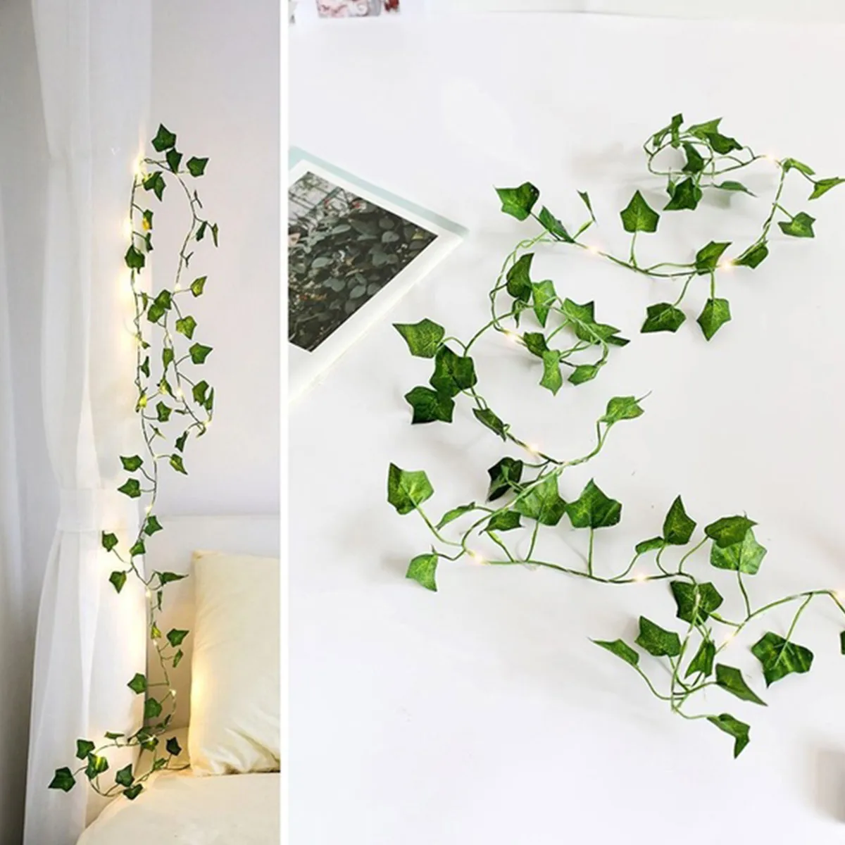 2M Artificial Maple Leaf Vine Hanging Green Leaves Vine with 20LED String Light Plastic Maple Leaves Vine Fake Plant for Wall 5