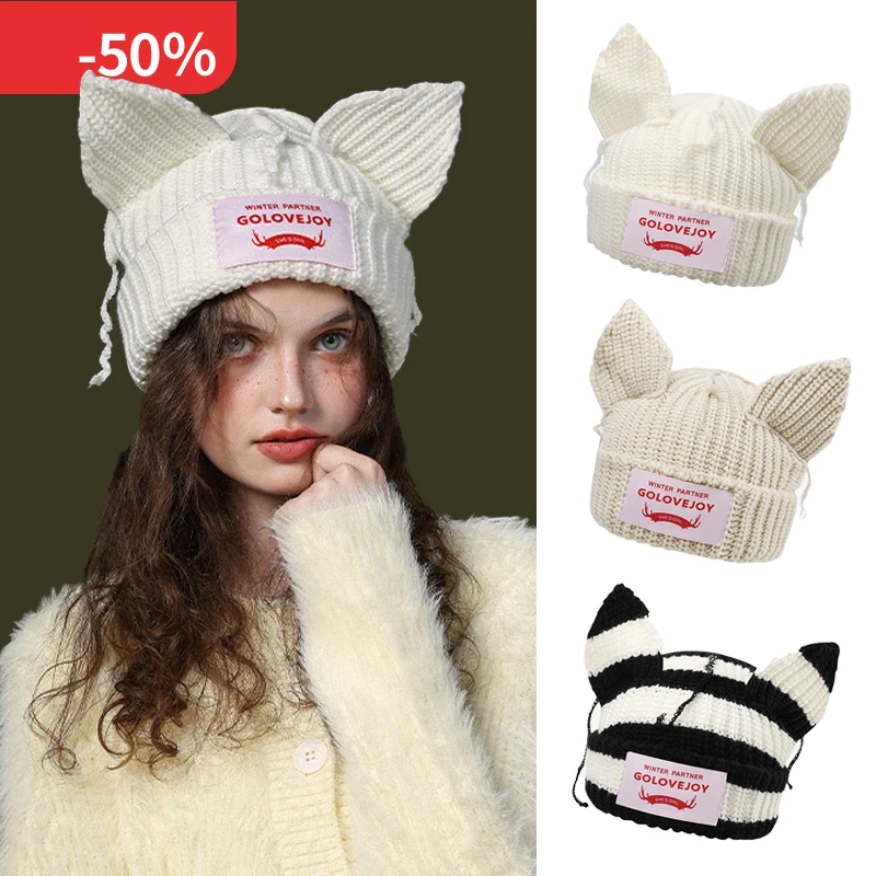 

Autumn and winter wool knit cap warm out thin stripes cute cat ears niche hundred with cold cap