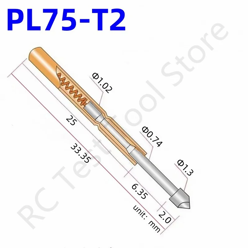 

100PCS PL75-T2 Spring Test Probe Test Pin Pogo Pin Nickel Plated Pin Dia1.02mm Length 33.35mm PL75-T Test Head Dia1.3mm PCB Tool