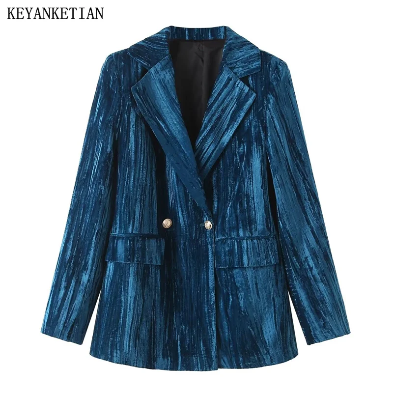 

KEYANKETIAN New Launch Women's Velvet Suit Jacket Flap Pockets Double Breasted Fashion Retro Office Lady Outerwear Coat Top