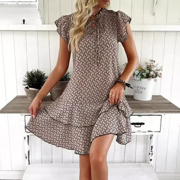 2025 Mini abito casual allentato con volant da donna elegante Abito bohemien stampato con scollo a V con lacci Piccoli abiti con maniche volanti per le donne S-3XL