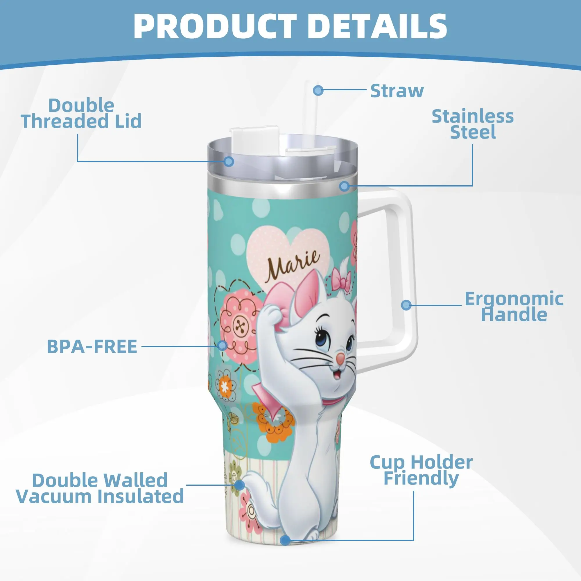 Stainless Steel Aristocats Marie Cat Tumbler with Straw - Large Capacity Thermal Mug