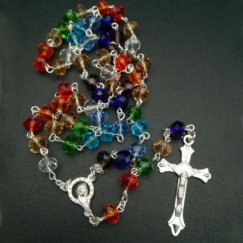 Crystal Bead Catholic Chain Cross Rosary Necklace Statement Long