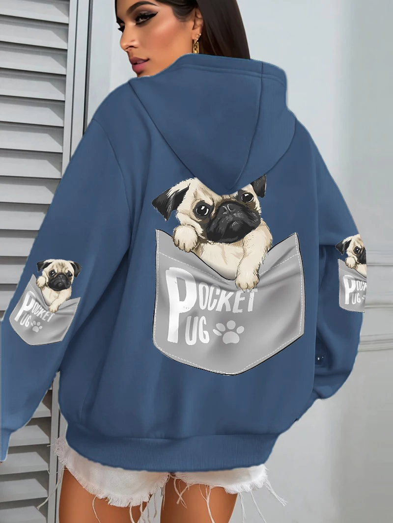 Pocket Pug Hoodies Women Cartoons dog Prints Hooded Loose Pockets Sweatshirts Winter Fleece Warm Tops Street Black Woman Clothes
