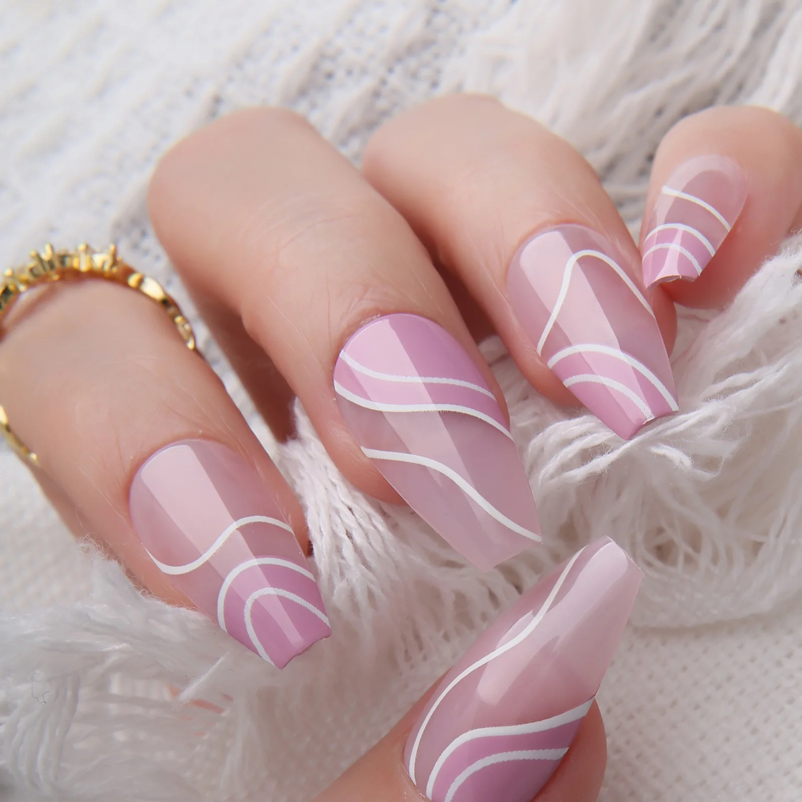 Pink French Spider web extra Gel Luxury crystal fasle nails Ballet Art  Press on nails Nude clear artificial coffin fake nails - AliExpress