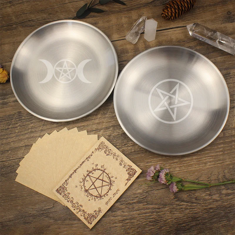 Pagan Ritual Tray Jewelry Display Tray Altar Pentagram Plate Pagan Ritual Tray Crystal Decorative Jewelry Dish Metal Candle Holder Incense Burner Witchcraft Supplies