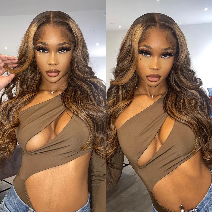 13X4 Highlight Wig Human Hair 24 Inches Body Wave Human Hair Wigs Honey Blonde Human Hair Wig Ombre Brown Colored Human Wigs Body Wave Lace Front Human Hair Wigs For Black Women