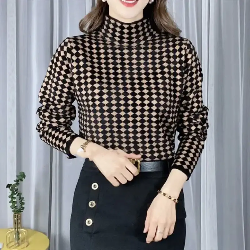 

Pullover Women Autumn and Winter Velvet Half High Collar Long Sleeve Knitted Shirt Thousand Bird Grid Sweater Pullover Female