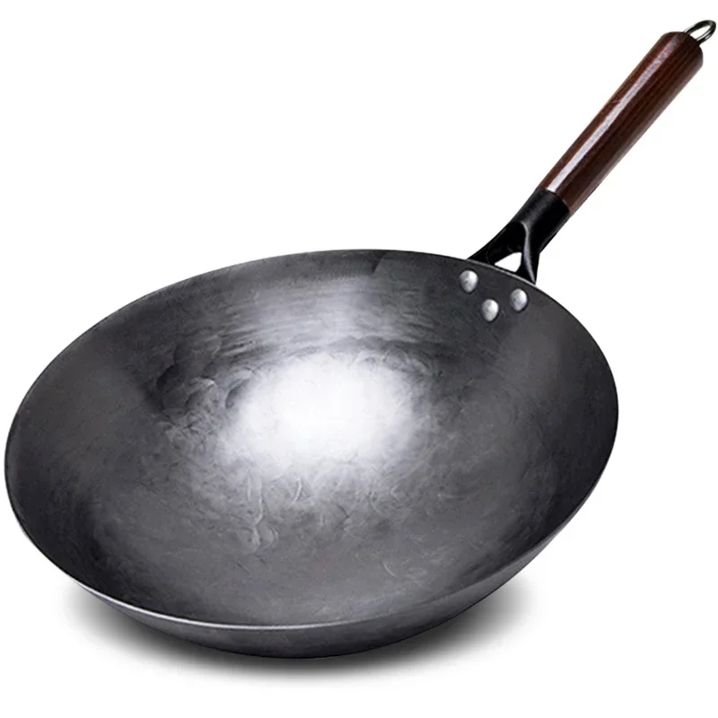 Iron wok Chinese Traditional Handmade Wok with Wooden Handle for Gas Cookware 1 to 2 People