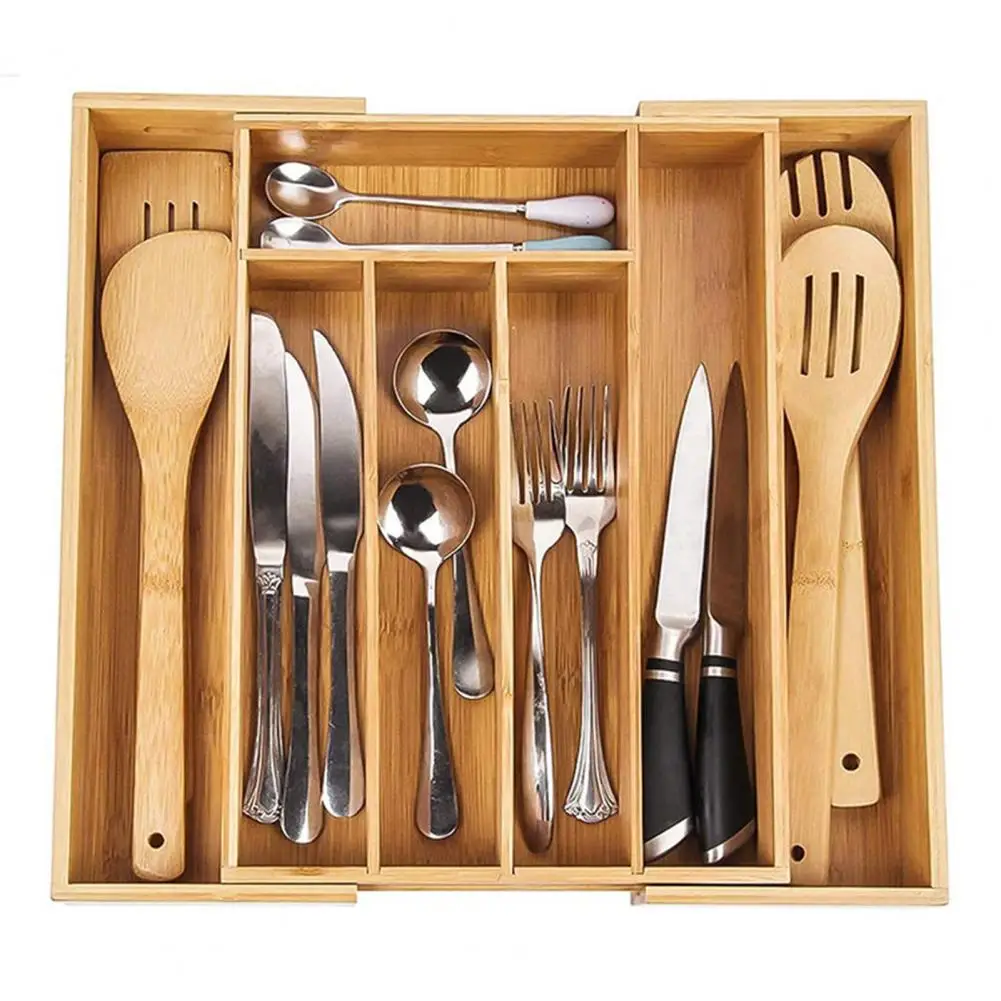 Bamboo Drawer Organizer 5-7 Compartments Adjustable Width Kitchen Utensils