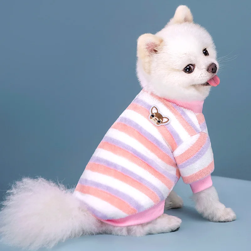 줄무늬 패턴 애완동물 하의 셔츠 소형견 옷 다양한 색상의 후드티 두꺼운 플리스 스웨터 고양이와 강아지 옷