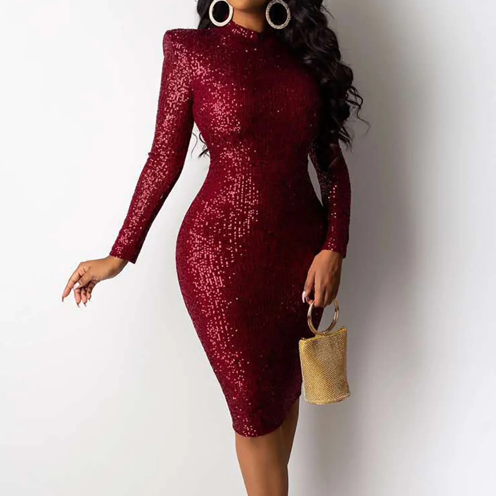 

Elegant Sequins Shining Glitter Dresses for Women Solid Color Turtleneck Long Sleeve Slim Sheath Bodycon Dress Party Vestidos