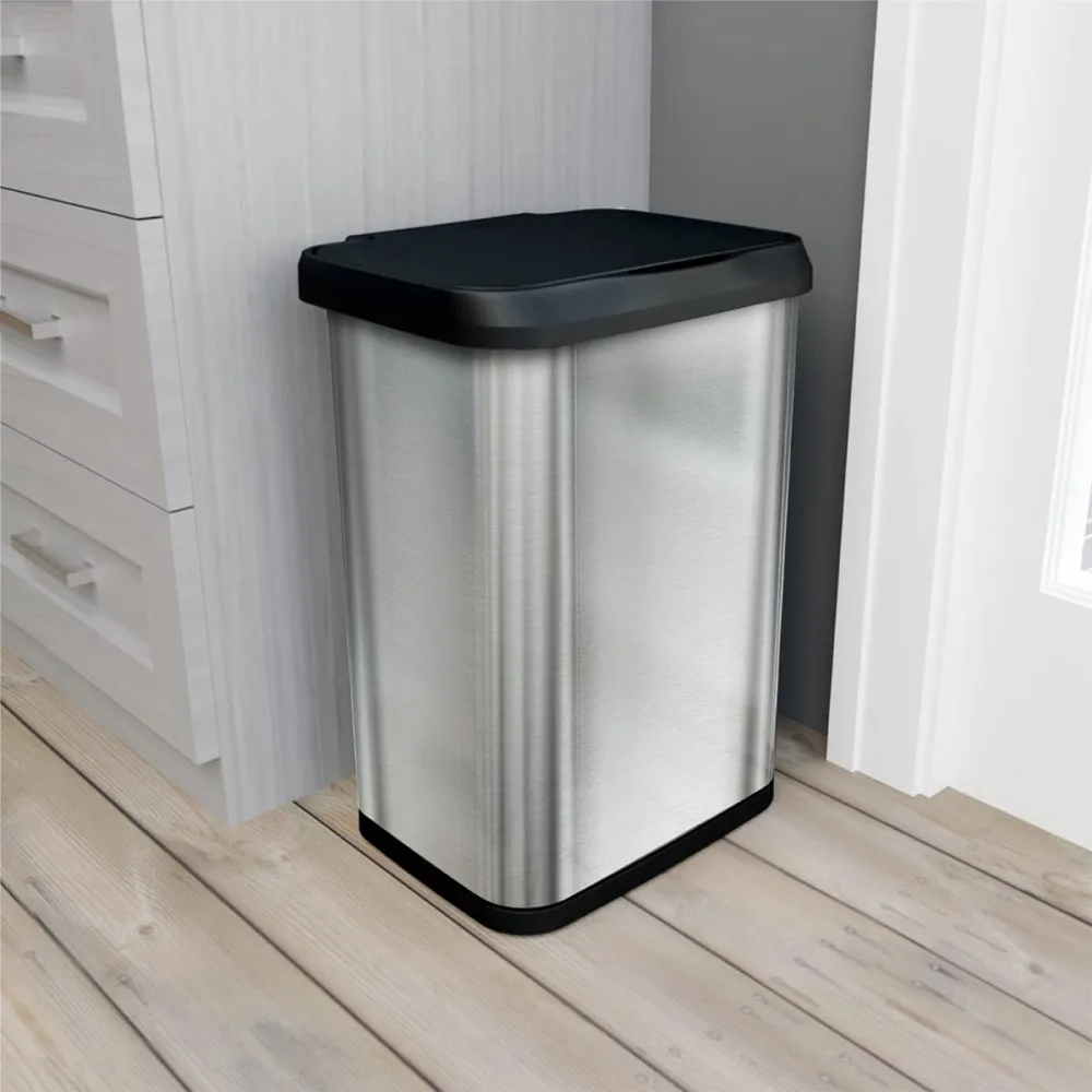

Touchless Metal Kitchen Garbage Bin with Soft Close Lid and Waste Bag Roll Holder, 13 Gallon, Motion Sensor