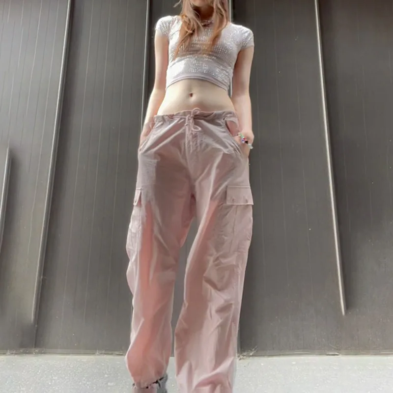 

Y2K Shirring Cute Cargo Pants Pockets Baggy Sweatpants Women Korean Harajuku Prepply Joggers Pink Tie Up Trousers New