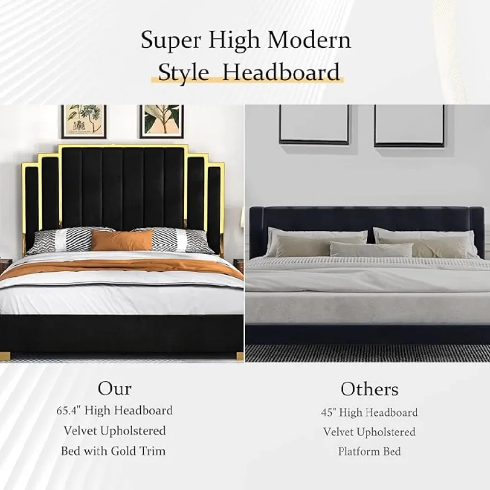 King Size Platform Bed Frame, 65" Velvet Upholstered Bed with Gold Trim Headboard/Wooden Slats/No Box Spring Needed/Black 3