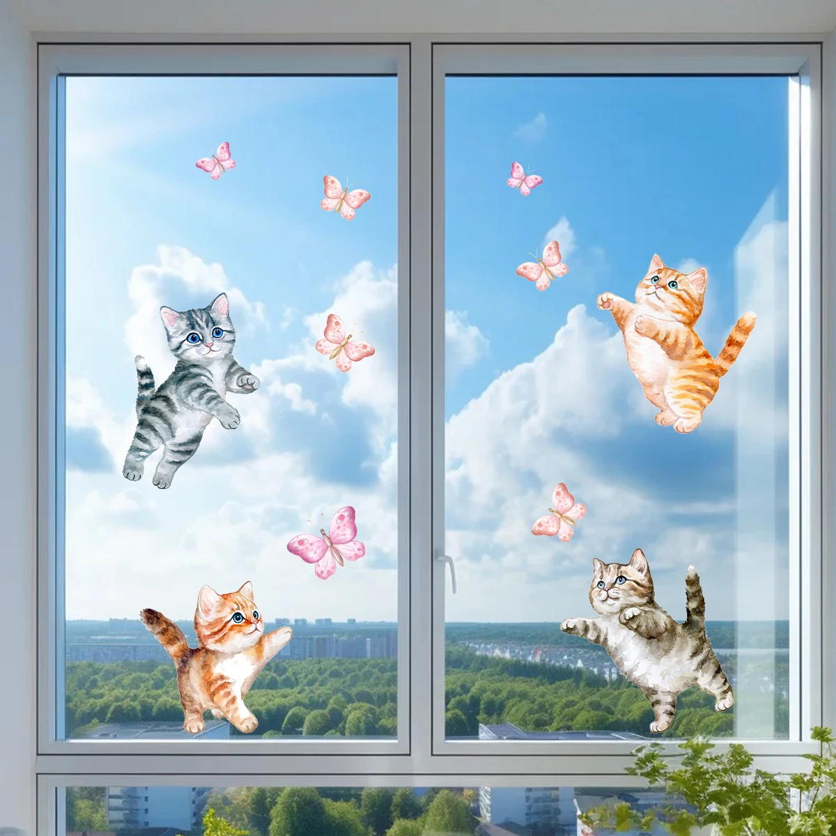 Watercolor Cartoon Cat Butterfly Windows Stickers for Living Room Decoration Kids Bedroom Wall Decals Home Decor wall stickers,wall sticker