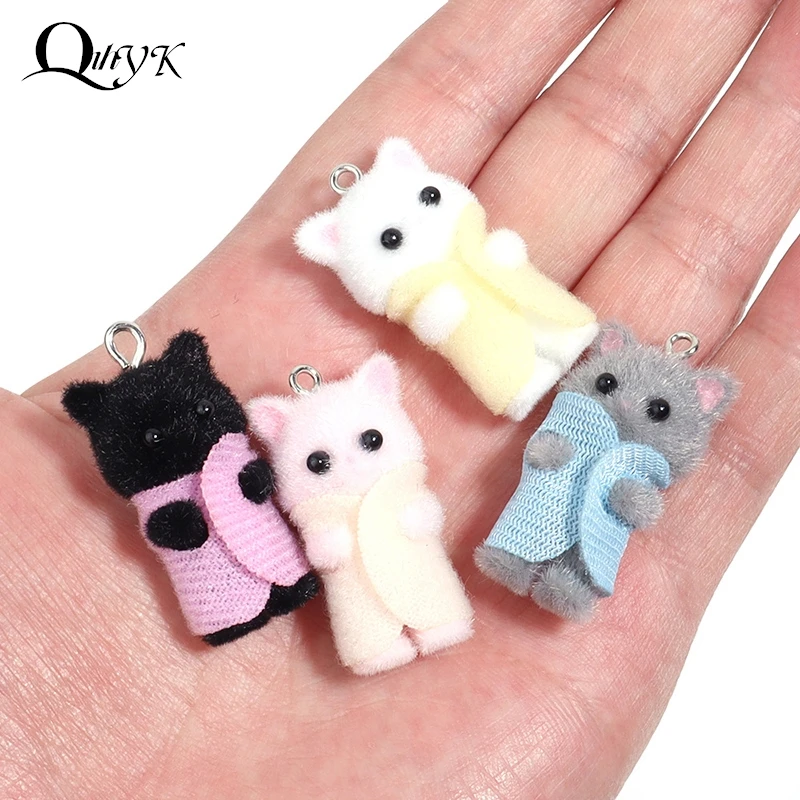 

Kawaii 3D Flocking Cat Charm Cute Cartoon Cat Ornament Earring Keychain Pendant Accessories DIY Crafts Jewelry Make