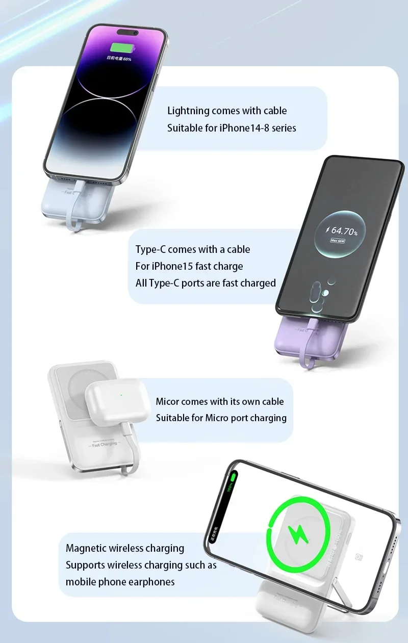 banco de energia magnetico inalámbrico 2 en 1, batería externa portátil integrada de 4 cables de 50000mAh con soporte para iPhone y Samsung » banco de energia magnetico inalámbrico 2 en 1
