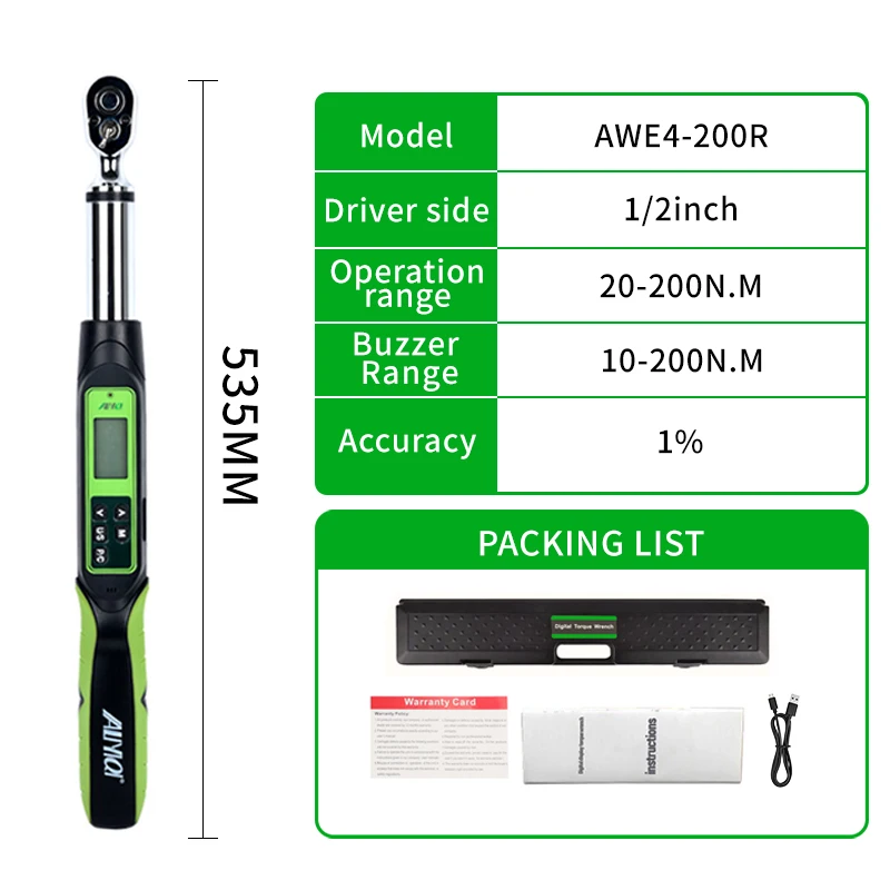 AWE4-200R 200N.m/147.5ft.lb/1770in.lb/2039.43kgf.통신 기능이 있는 각도가 있는 디지털 토크 렌치는 컴퓨터에 연결할 수 있습니다.