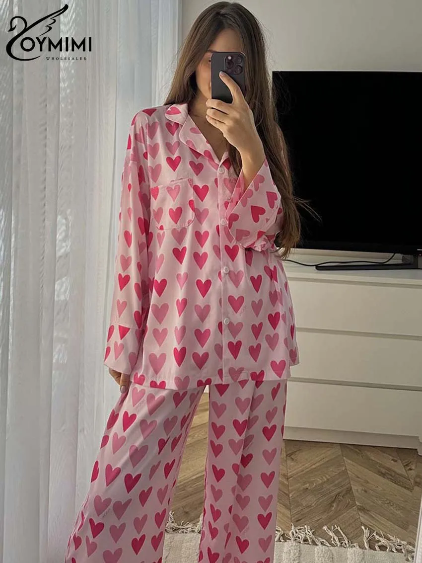 

Oymimi Fashion Pink Print Two Piece Set For Women Casual Lapel Long Sleeve Button Shirts And High Waist Straight Trrousers Sets