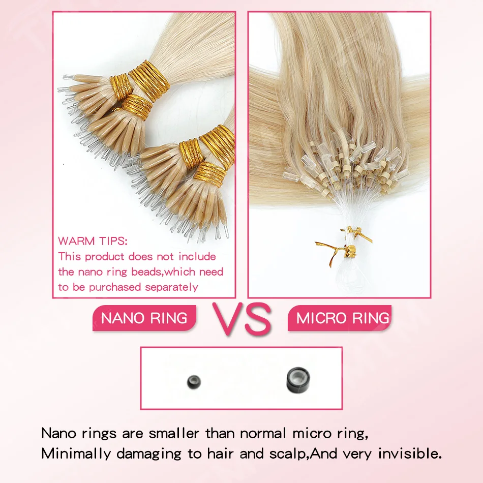 Extensioni per capelli umani con anello nano da 50/100 ciocche, 100% capelli umani Remy europei, 14-24 pollici, lisci, pre-incollati con micro anelli - immagine 5