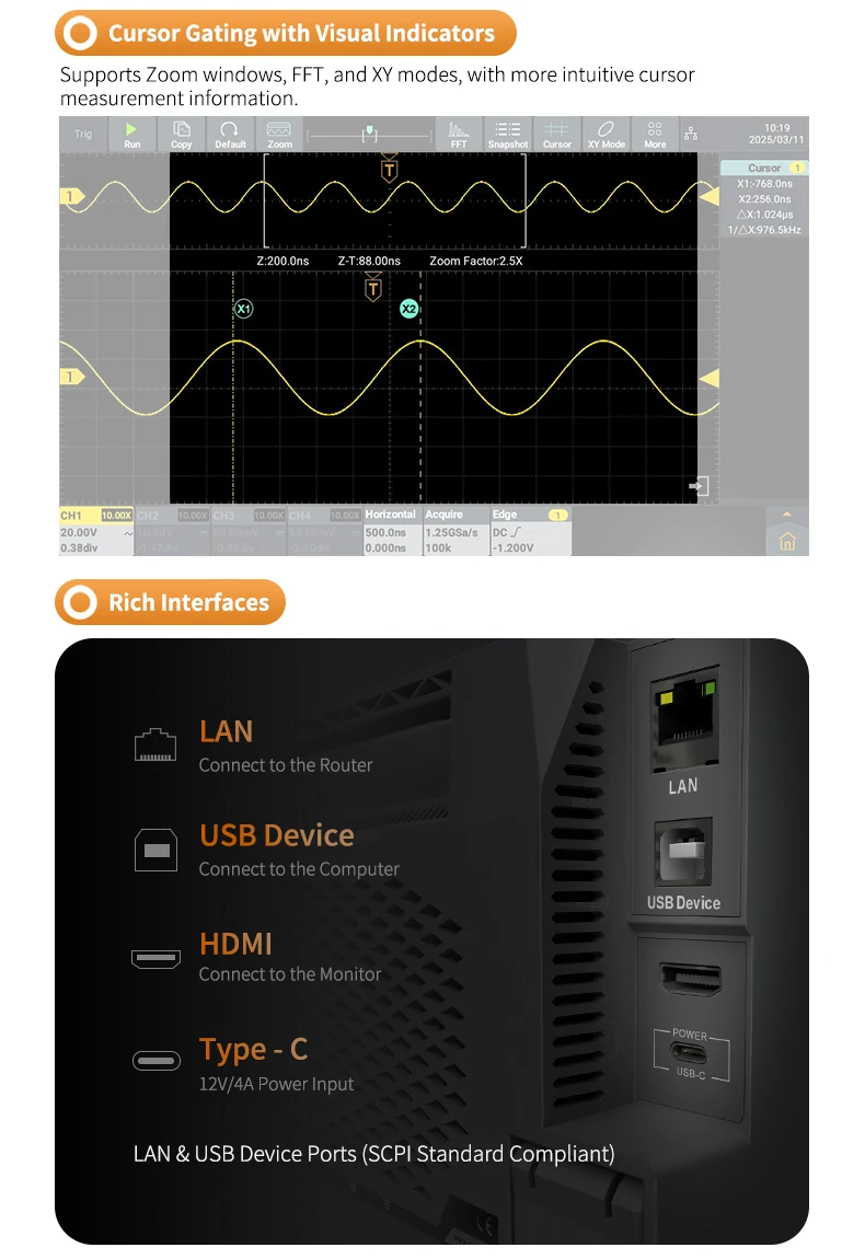 【 ADS800A】Portable Digital Oscilloscope 100MHz Bandwidth 1GSa/s 7" TFT-LCD Stora