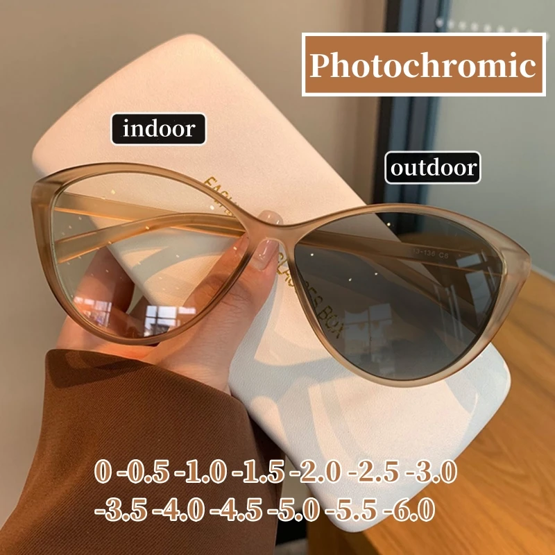 Fashion Color Changing Myopia Glasses Retro Cat Eye Photochromic Minus Sight Eyewear Women Outdoor Sun Shade Diopter Sunglasses