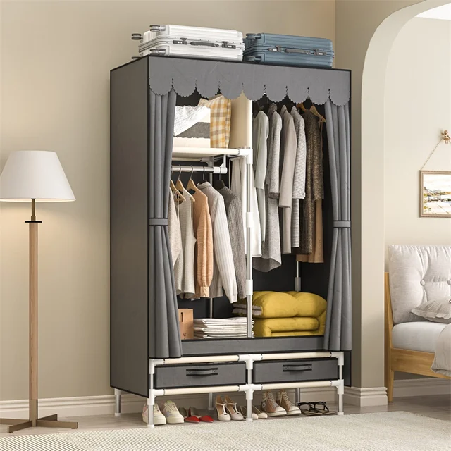 Garde-robe grill simple et durable, armoire de chambre à coucher, assemblage domestique, grande armoire, moderne, gris 1