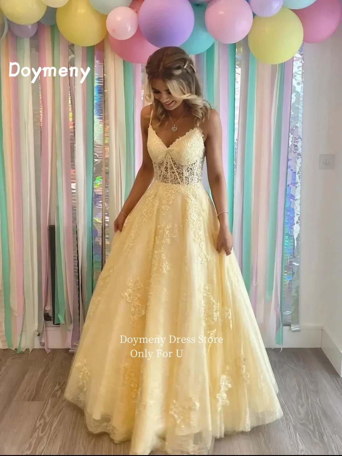 

Doymeny Spaghetti Strap A Line Prom Dresses Applique Lace Sleeveless Floor Length Corset Back Formal Party Evening Gowns