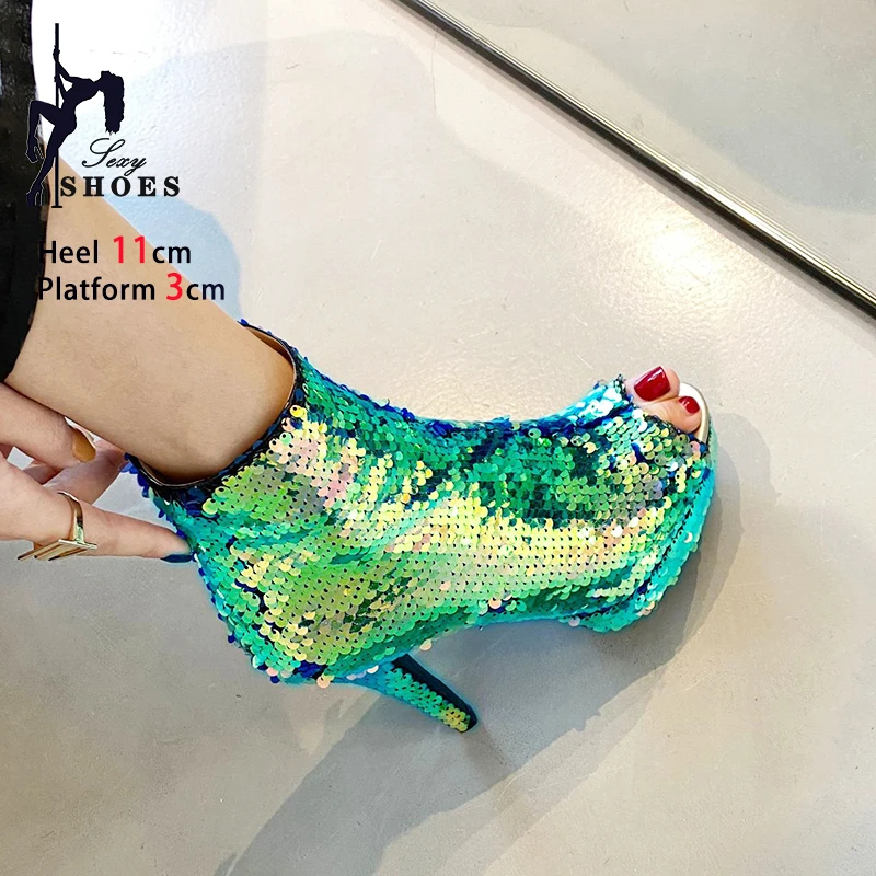 Women Sequined Shoes Summer Peep Toe Boots Fashion 2025 New Thick Bottom Platform Stiletto Heels Bling Shiny Short Boots Mujer