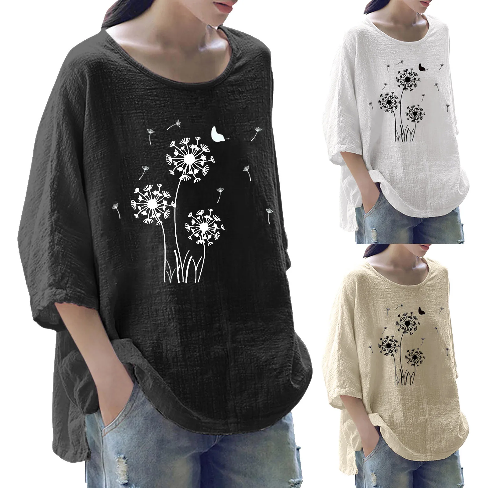 

Women Summer Tops Print Cotton Blend Round Neck Three Quarter Sleeve Top Silk Tops for Women Cute Blouses