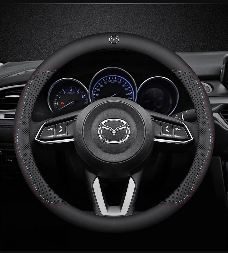 Leather Breathable Car Steering Wheel Cover Anti Slip 38Cm For Mazda 23 CX5 CX30 CX8 CX3 Mazda2 6 5 CX9 BT50 MX5 Car Accessories