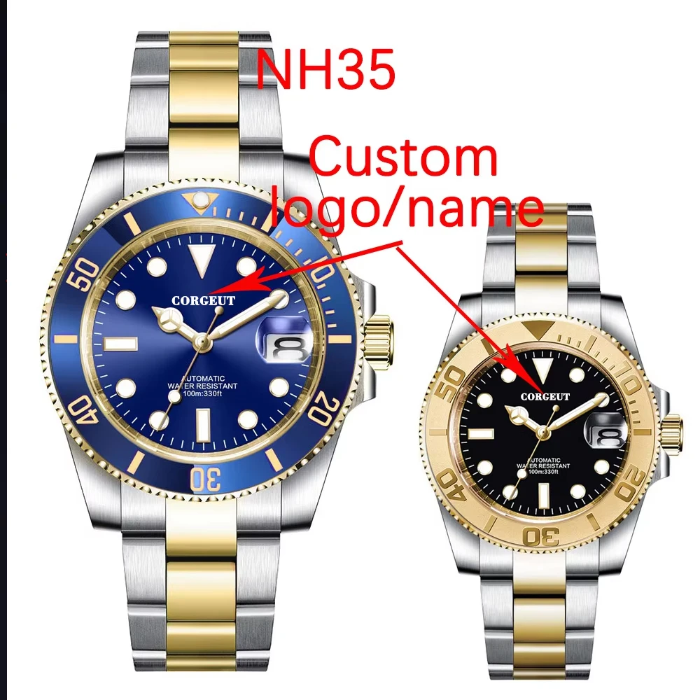Custom Japan NH35 MIYOTA 8215 Automatic Men Watch Two Tone  Gold  Strap Sterile Blue Sunburst Dial Top Brand Sapphire Crystal