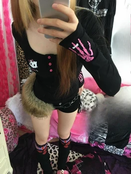 Y2k Aesthetic Cartoon Printing Vintage T-shirt Streetwear Punk Autumn Button Tshirts 2025 Women Grunge ​Harajuku Bodycon Tees 1