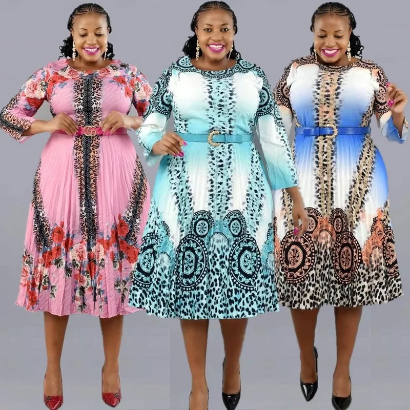 5XL 6XL Plus Size Clothes Women New Round Neck Three Quarter Sleeves Swing Pleated Knee-Length Printed Dress Africa Clothing