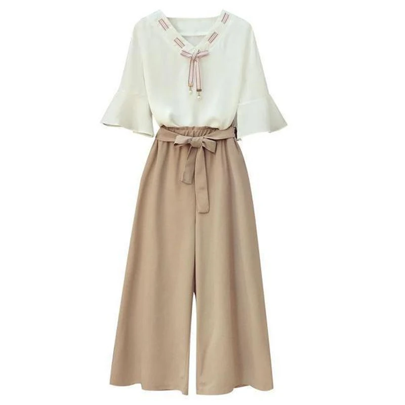 

Summer New Pant Sets Women V-neck Fashion Half Sleeve T-Shirts and Solid Color Elastic Waist Bow Patchwork Wide Leg Trousers
