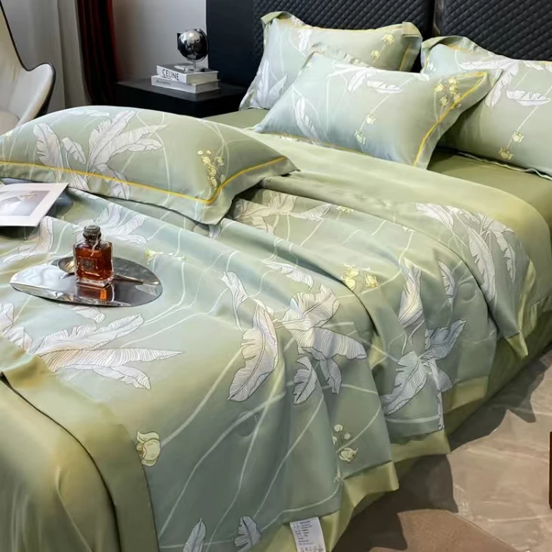 Nordic Style Summer Quilt Silk Bedding Set Water Wash Silk Air Conditioning Summer Bedding Bed Sheets Pillowcases Four Piece Set