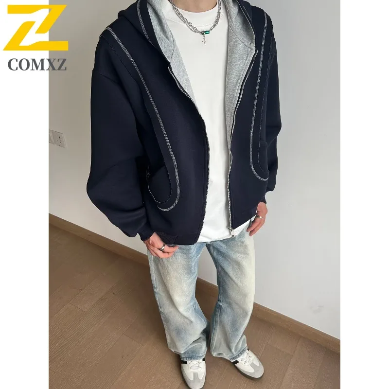 COMXZ 2025 New Men's American jacket Spring Autumn Streetwear Stitch Detail 3D Cut Hoodie Trendy Loose Versatile Casual Top 2025