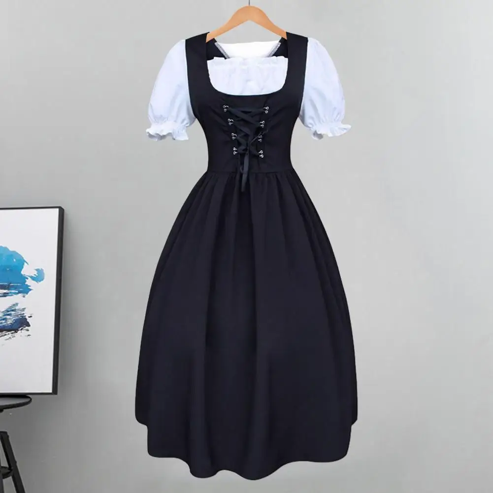 

Women Medieval Literary Maid Dress High Waist Square Collar Puff Sleeve Sheer Trim Lace-up Bowknot Color Block Dress