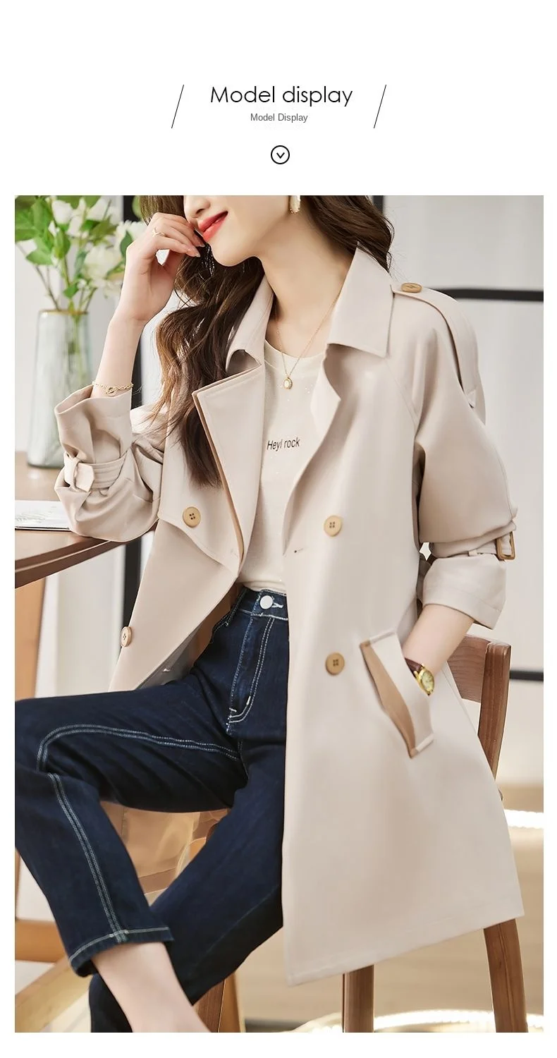 Solid Mid length Trench for Women Fall Winter 2023 New Vintage Turn Down Collar Long Sleeve Jacket Loose Double Breasted Coat