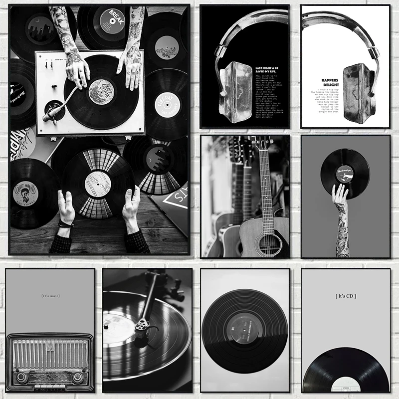 Vintage Music-Inspired Canvas Poster - Black and White Headphone & Lyrics Art
