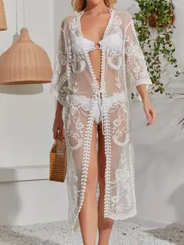 Women White Embroidered Deep V Neck Lace-up Three-quarters Sleeved Beach Smock Long Coat Summer Sexy Club Cardigan Vacation Tops 1